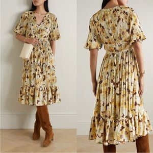 NEW Polo Ralph Lauren Plisse Crinkle Silk Braided Floral Ltiti Puff Sleeve Dress